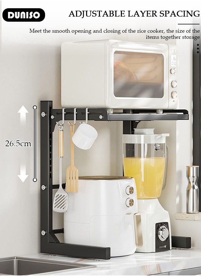 DUNISO - 2-Tier Adjustable Countertop Microwave Oven Rack,Microwave Shelf, Metal Kitchen Countertop Organizer Shelves with 4 Hooks, Toaster Shelf Heavy Duty Stand Kitchen Counter Top Organizer for Home Office - Image 1