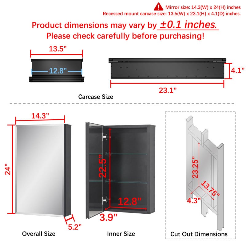 Fundin Medicine Cabinet 14 x 24 inches Mirror Size, Recessed or Surface Mount, Black Aluminum Bathroom Wall Cabinet with Mirror and Adjustable Shelves. - Image 2