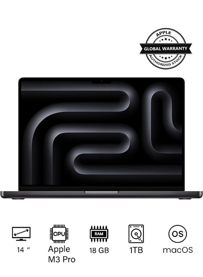 Macbook Pro MRX43 | 14 Inch Display | Apple M3 Pro Chip | 12‑Core CPUAnd 18‑Core GPU | 18GB RAM | 1TB SSD | macOS | English Keyboard | International Version | Space Black