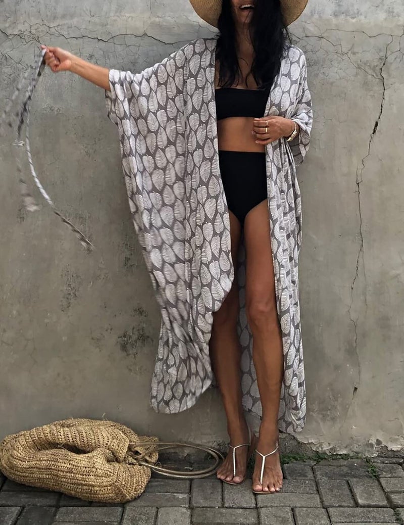 Bsubseach Loose Bathing Suit Cover Ups Summer Beach Kimono Cardigans for Women Boho Coverup Grey Leaf Print - Image 3