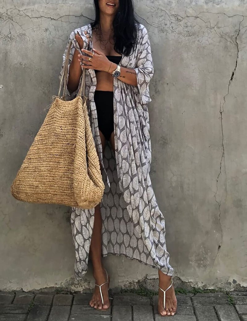 Bsubseach Loose Bathing Suit Cover Ups Summer Beach Kimono Cardigans for Women Boho Coverup Grey Leaf Print - Image 4