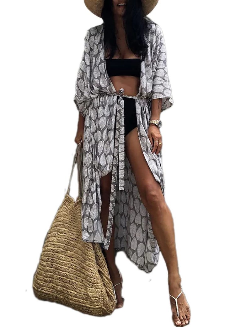 Bsubseach Loose Bathing Suit Cover Ups Summer Beach Kimono Cardigans for Women Boho Coverup Grey Leaf Print - Image 1