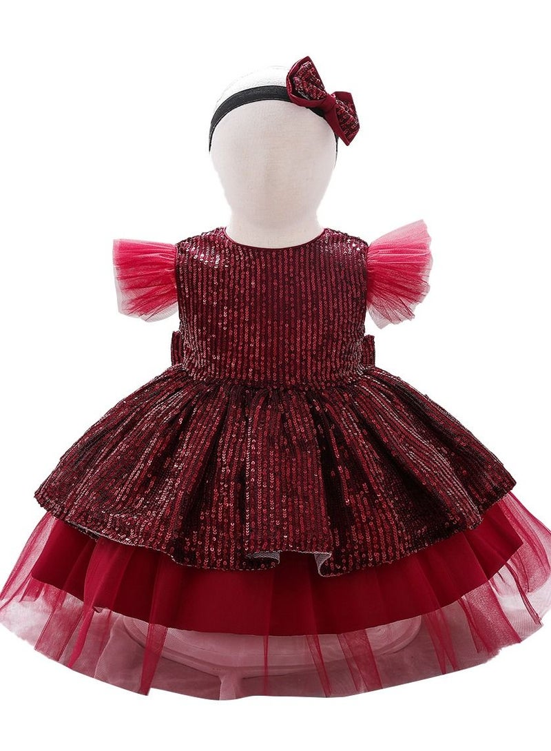 Loquat Round Neck Cap Sleeve Dress Burgundy  - Image 1
