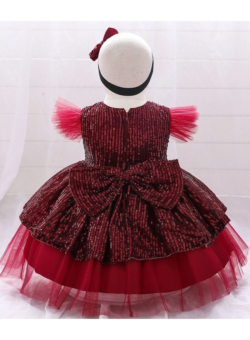 Loquat Round Neck Cap Sleeve Dress Burgundy  - Image 2