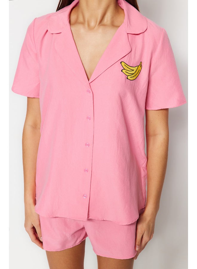 Pink Banana Embroidered Viscose Shirt-Shorts Woven Pajamas Set THMSS23PT00079