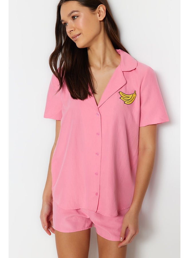 Pink Banana Embroidered Viscose Shirt-Shorts Woven Pajamas Set THMSS23PT00079