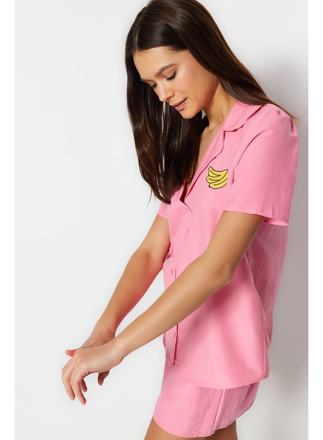 Pink Banana Embroidered Viscose Shirt-Shorts Woven Pajamas Set THMSS23PT00079