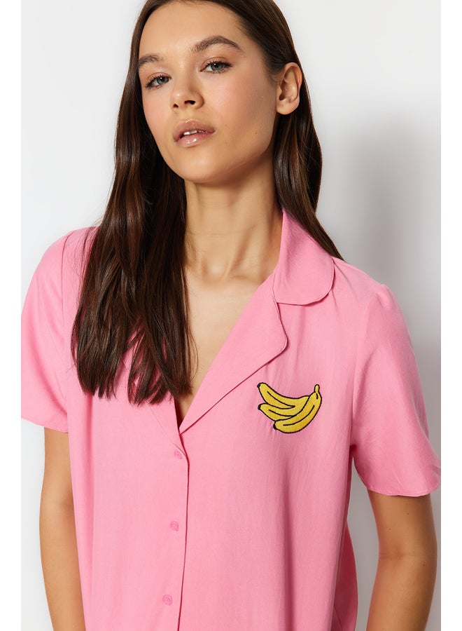 Pink Banana Embroidered Viscose Shirt-Shorts Woven Pajamas Set THMSS23PT00079