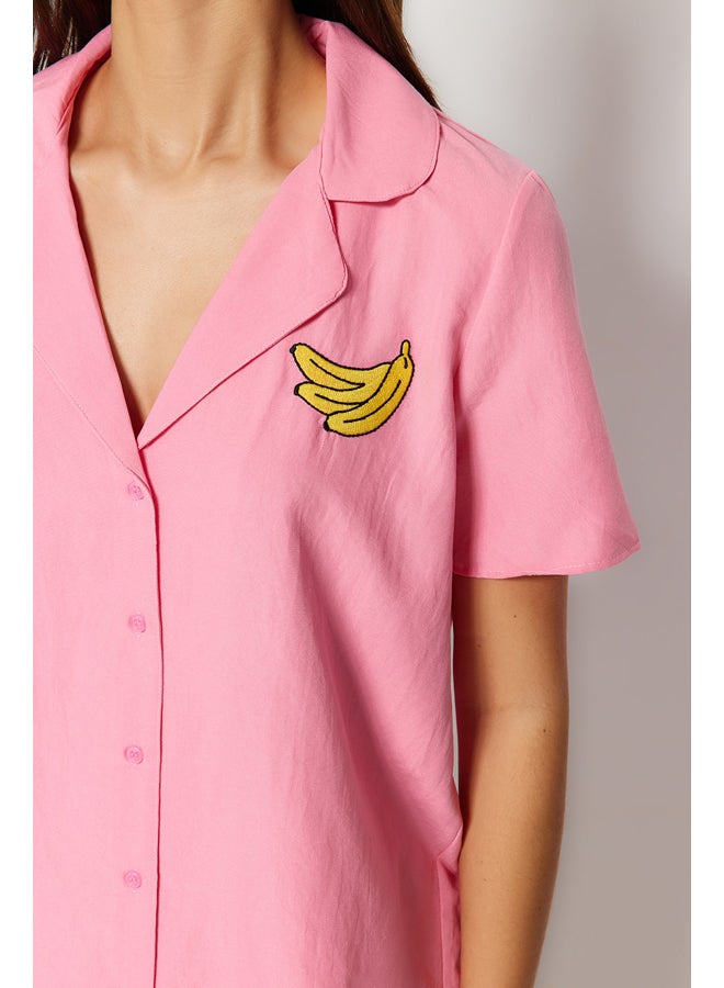 Pink Banana Embroidered Viscose Shirt-Shorts Woven Pajamas Set THMSS23PT00079