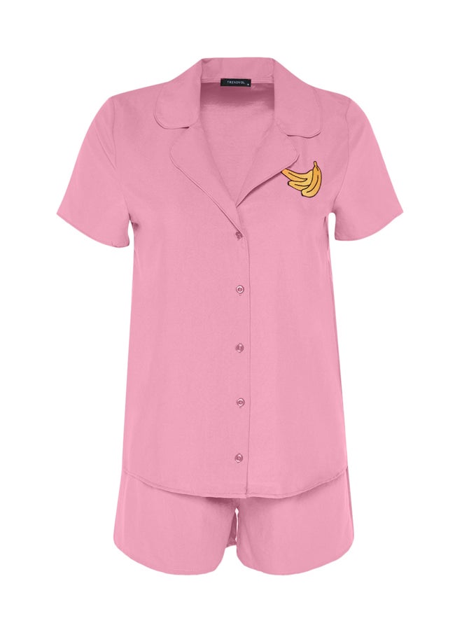 Pink Banana Embroidered Viscose Shirt-Shorts Woven Pajamas Set THMSS23PT00079
