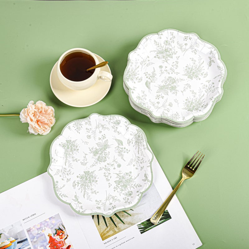 Elyxio Sage Green Floral Party Plates White Green Toile Disposable Paper Plates Flower Leaf 9" Scalloped Edge Dinner Plates for Bridal Baby Shower Wedding Tea Party Supplies Table Decor (24) - Image 3