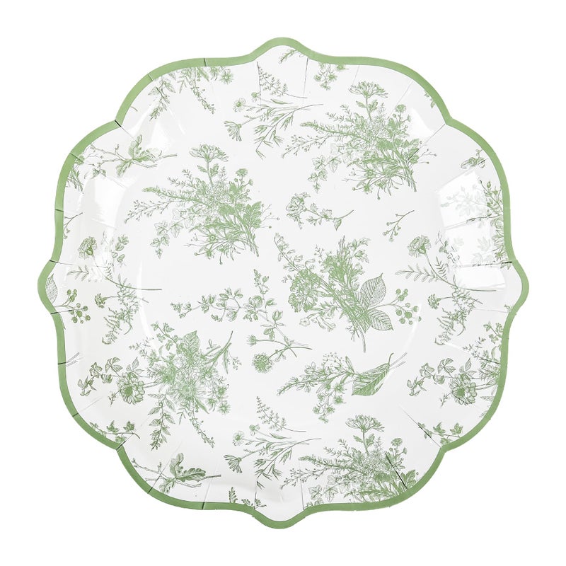 Elyxio Sage Green Floral Party Plates White Green Toile Disposable Paper Plates Flower Leaf 9" Scalloped Edge Dinner Plates for Bridal Baby Shower Wedding Tea Party Supplies Table Decor (24) - Image 1