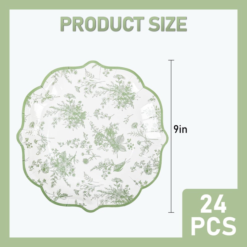 Elyxio Sage Green Floral Party Plates White Green Toile Disposable Paper Plates Flower Leaf 9" Scalloped Edge Dinner Plates for Bridal Baby Shower Wedding Tea Party Supplies Table Decor (24) - Image 2