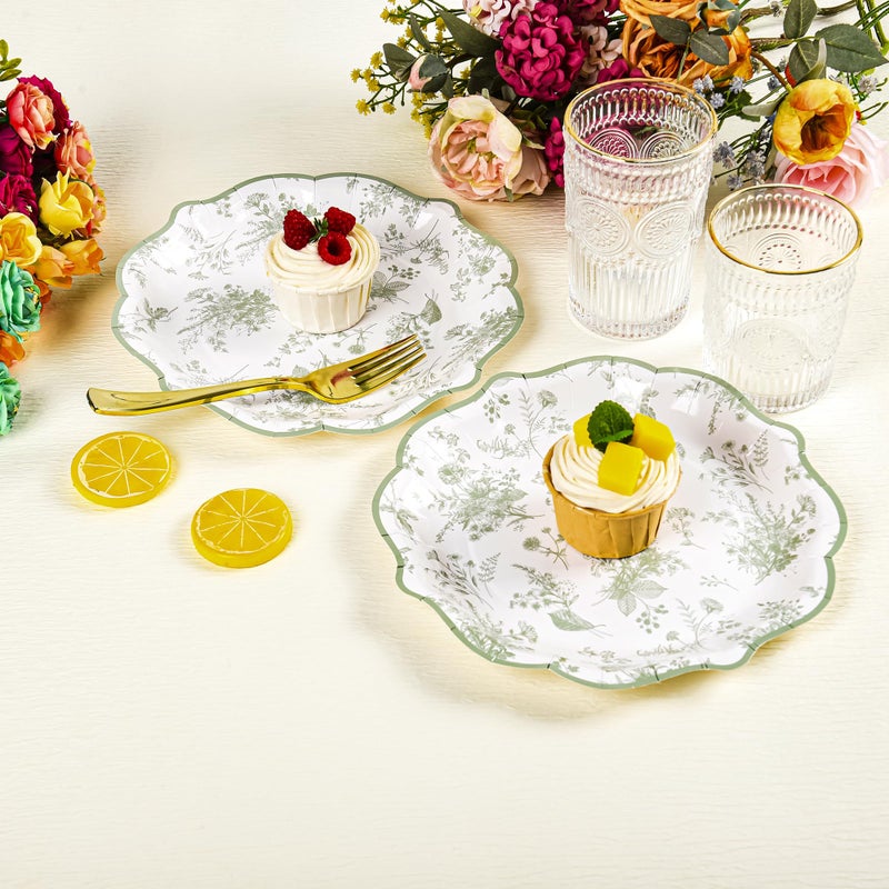 Elyxio Sage Green Floral Party Plates White Green Toile Disposable Paper Plates Flower Leaf 9" Scalloped Edge Dinner Plates for Bridal Baby Shower Wedding Tea Party Supplies Table Decor (24) - Image 4