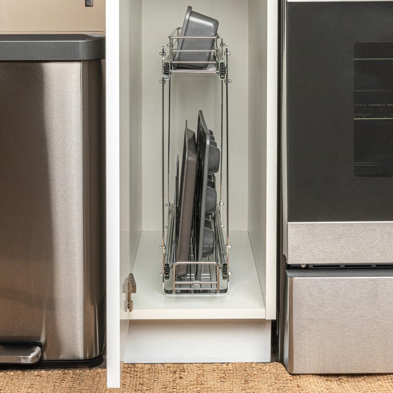 Household Essentials Glidez Multipurpose Chrome-Plated Steel Pull-Out/Slide-Out Storage Organizer for Cookware and Bakeware - 2-Tier Design - Fits Standard Size Cabinet or Shelf, Chrome - Image 3