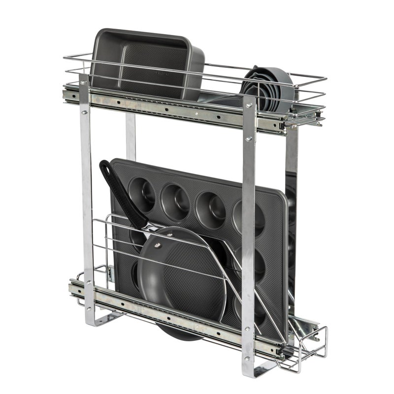 Household Essentials Glidez Multipurpose Chrome-Plated Steel Pull-Out/Slide-Out Storage Organizer for Cookware and Bakeware - 2-Tier Design - Fits Standard Size Cabinet or Shelf, Chrome - Image 1