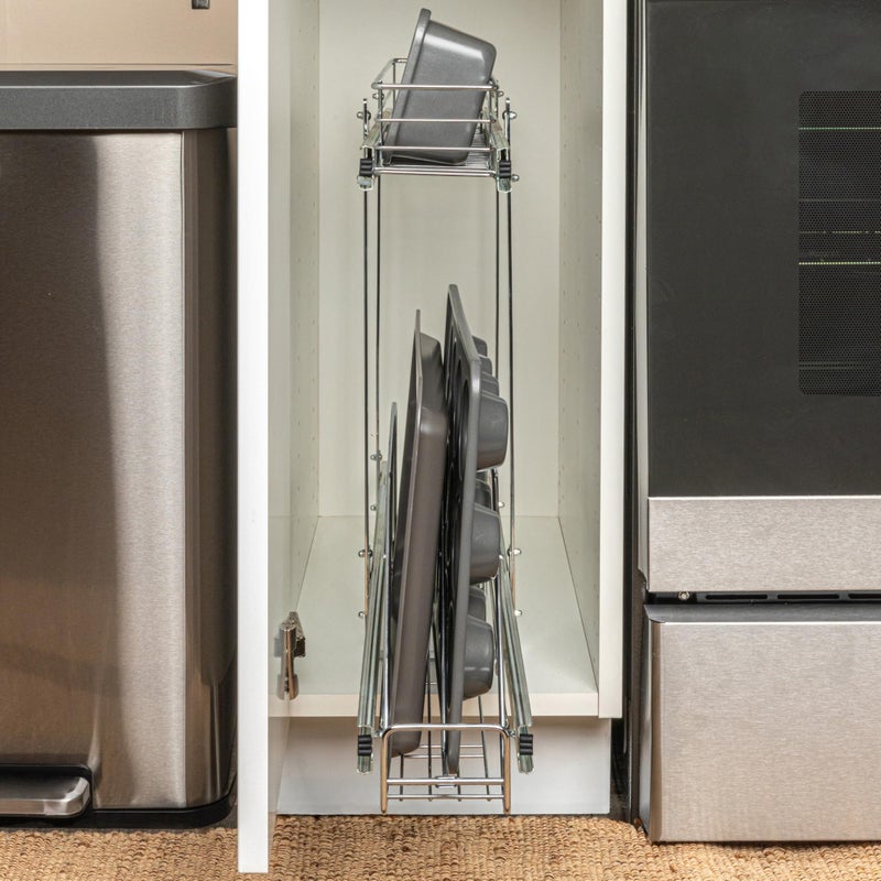 Household Essentials Glidez Multipurpose Chrome-Plated Steel Pull-Out/Slide-Out Storage Organizer for Cookware and Bakeware - 2-Tier Design - Fits Standard Size Cabinet or Shelf, Chrome - Image 2