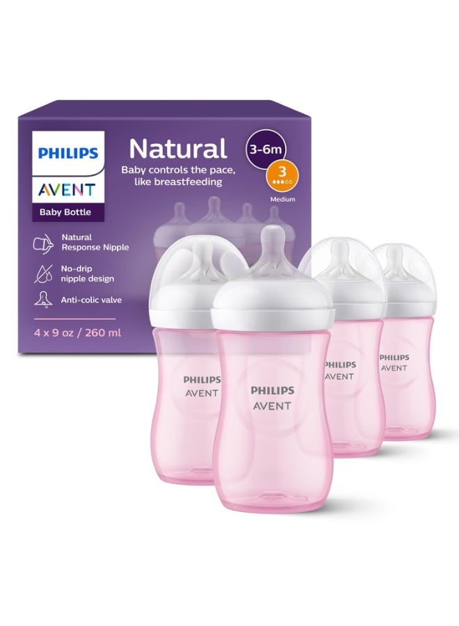 Philips Philips Avent Natural Baby Bottles with Natural Response Nipples (Medium Flow, Flow 3), 9oz, Pink, 4-Pack, SCY903/14 - Image 1