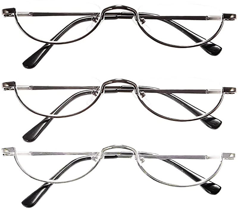 REAVEE 3 Pack Retro Designer Alloy Half Moon Reading Glasses for Women Men Half Frame Spring Hinge Stylish Slim Reader with Pouch Black Grey and Silver 35 - Image 3