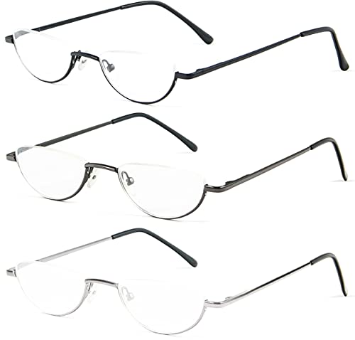 REAVEE 3 Pack Retro Designer Alloy Half Moon Reading Glasses for Women Men Half Frame Spring Hinge Stylish Slim Reader with Pouch Black Grey and Silver 35 - Image 5