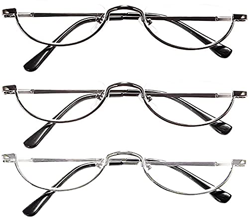 REAVEE 3 Pack Retro Designer Alloy Half Moon Reading Glasses for Women Men Half Frame Spring Hinge Stylish Slim Reader with Pouch Black Grey and Silver 35 - Image 2