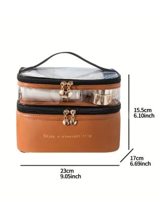 Double Layer Makeup Bag Solid Color PU Transparent Wash Bag Portable INS Fashionable waterproof Travel Portable large capacity Storage Bag - view 3