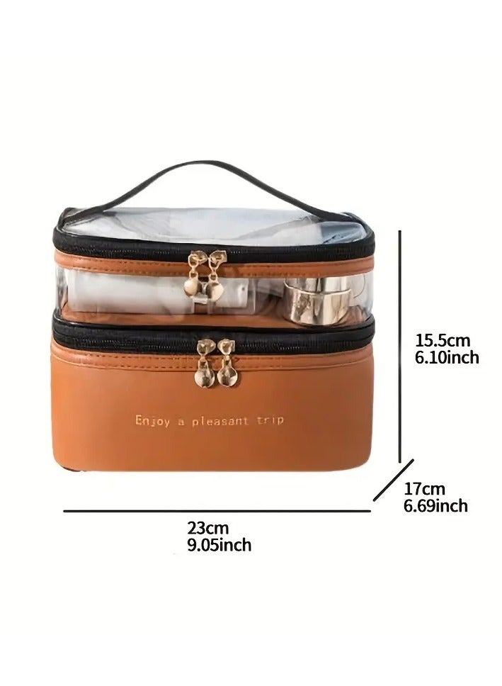 ORiTi Double Layer Makeup Bag Solid Color PU Transparent Wash Bag Portable INS Fashionable waterproof Travel Portable large capacity Storage Bag - Image 3