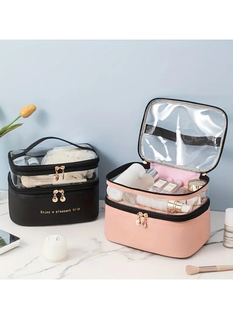 ORiTi Double Layer Makeup Bag Solid Color PU Transparent Wash Bag Portable INS Fashionable waterproof Travel Portable large capacity Storage Bag - Image 5