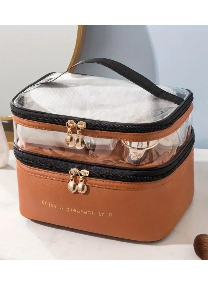 ORiTi Double Layer Makeup Bag Solid Color PU Transparent Wash Bag Portable INS Fashionable waterproof Travel Portable large capacity Storage Bag - Image 1