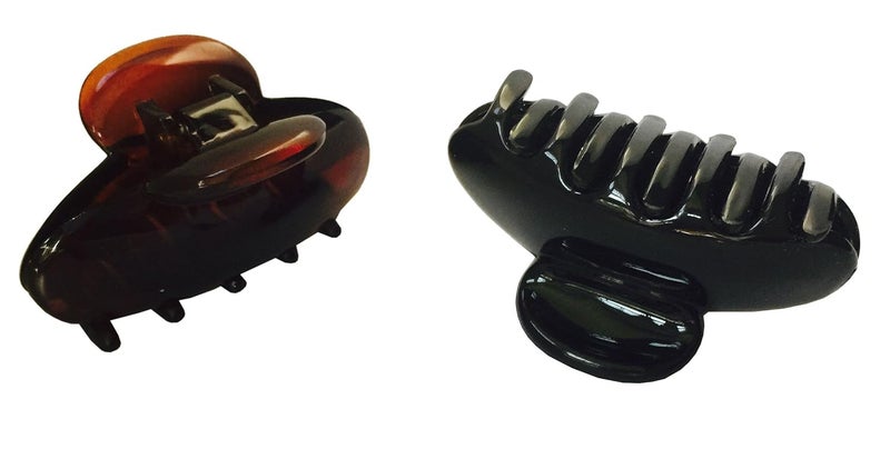 Parcelona French Clamp Black and Shell Small Covered Spring Celluloid Acetate Jaw Hair Claw Clip  2 Pieces