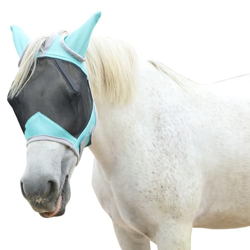 Gallopoff Horse Fly Mask with Ears Cover | Forelock Opening for Tangle-Free Mane Care | UV Protection & Breathable Mesh | No Rub Fit and Enhanced Visbility for Trail Riding Turquoise Cob - Image 1
