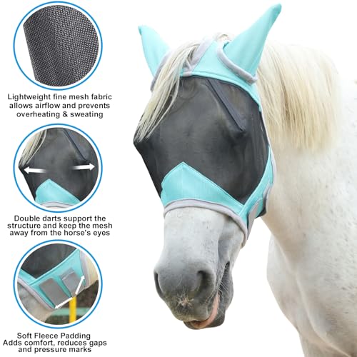 Gallopoff Horse Fly Mask with Ears Cover | Forelock Opening for Tangle-Free Mane Care | UV Protection & Breathable Mesh | No Rub Fit and Enhanced Visbility for Trail Riding Turquoise Cob - Image 2