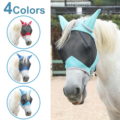 Gallopoff Horse Fly Mask with Ears Cover | Forelock Opening for Tangle-Free Mane Care | UV Protection & Breathable Mesh | No Rub Fit and Enhanced Visbility for Trail Riding Turquoise Cob - Image 5