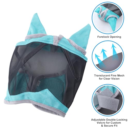 Gallopoff Horse Fly Mask with Ears Cover | Forelock Opening for Tangle-Free Mane Care | UV Protection & Breathable Mesh | No Rub Fit and Enhanced Visbility for Trail Riding Turquoise Cob - Image 4