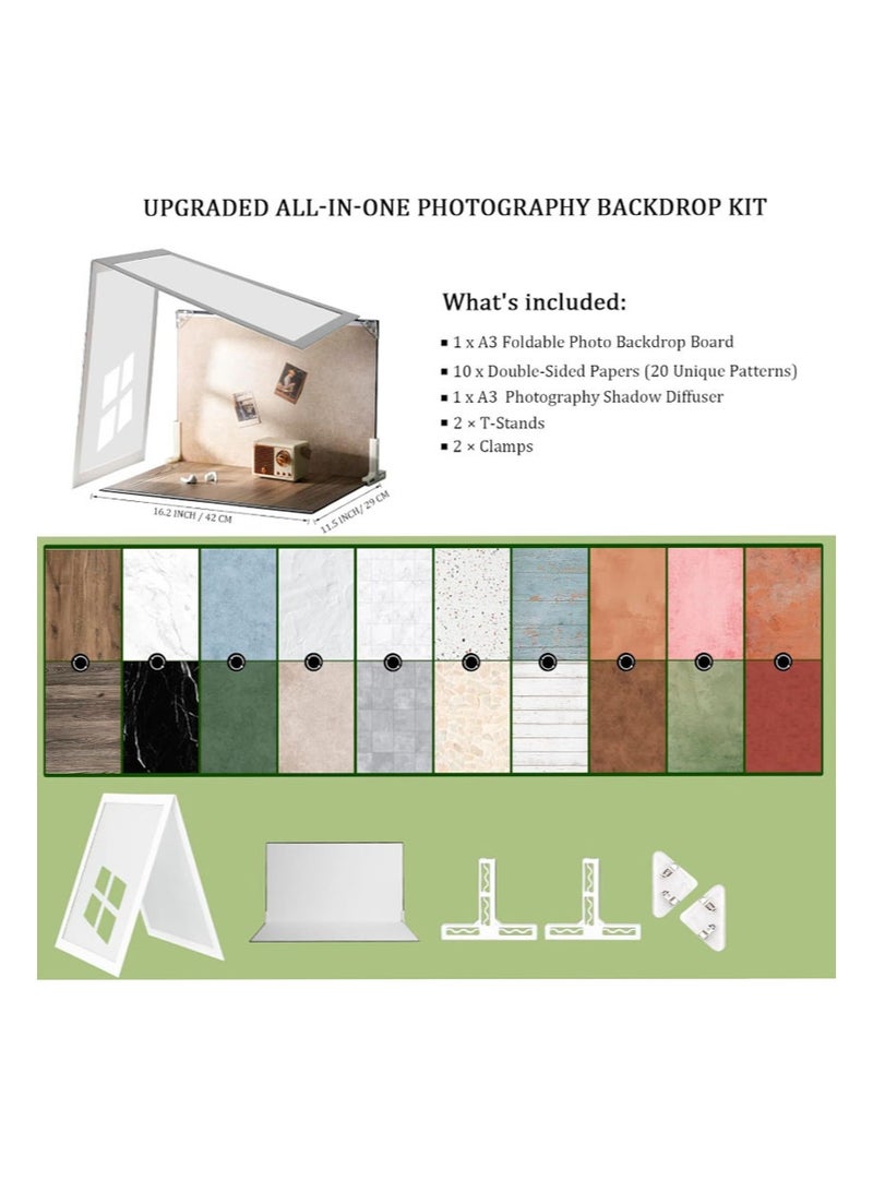 EZdenK 42*29cm Photo Backdrop Board with Shadow Diffuser， 10 Pcs 20 Patterns Waterproof Food Photography Backgrounds， Tabletop Small Shooting Kit for Product， Jewelry & Makeup（Style F） - Image 2