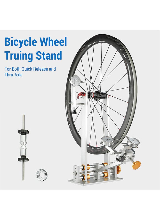 Bicycle Wheel Truing Stand Bike Wheel Alignment Repair Tool with Dial Gauge for Quick Release and Thru-Axle