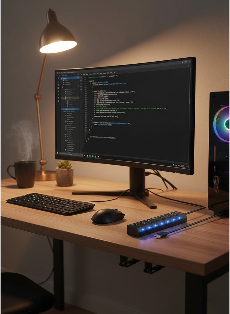 موزع USB متعدد المنافذ، 2.0 بـ7 منافذ للابتوب، موسع منفذ مع مفتاح تشغيل/إيقاف فردي متوافق جميع اجهزة (اسود)، - Image 2