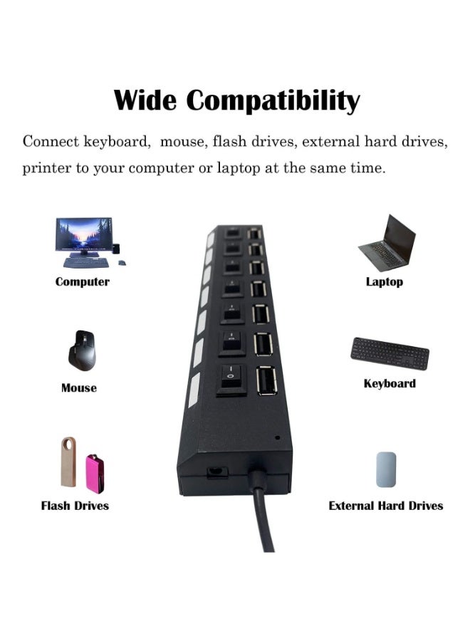موزع USB متعدد المنافذ، 2.0 بـ7 منافذ للابتوب، موسع منفذ مع مفتاح تشغيل/إيقاف فردي متوافق جميع اجهزة (اسود)، - Image 4