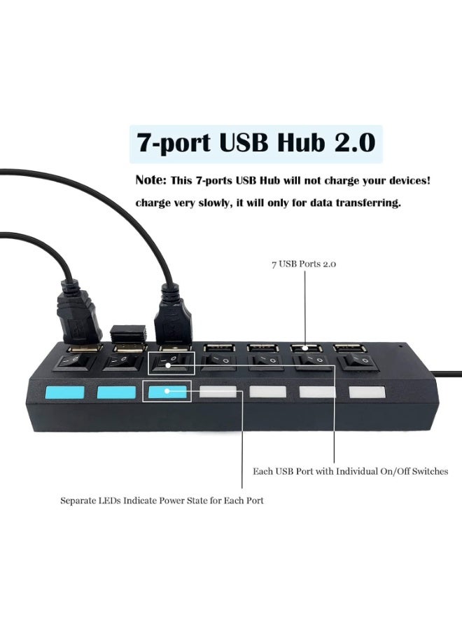 موزع USB متعدد المنافذ، 2.0 بـ7 منافذ للابتوب، موسع منفذ مع مفتاح تشغيل/إيقاف فردي متوافق جميع اجهزة (اسود)، - Image 3