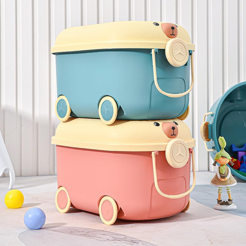 Ash  Roh Ash & Roh® Kids Toy Storage Box with Wheels & Cute Cartoon Lid | Large Capacity Rolling Organizer for Toys, Clothes & Nursery Items | Colour May Vary (LARGE-4) - Image 1