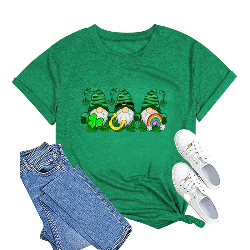 Grezea St. Patrick's Day Shirts for Women Cute Gnomes Shamrock Graphic Tees St Patty's Lucky T-Shirt Irish Tops - Image 1