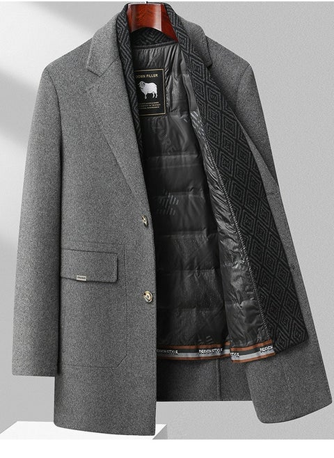 Men's Double-Sided Woolen Casual Coat Slim Fit Suit Collar Mid Length Jacket Overcoat With Detachable Goose Down Lining Grey