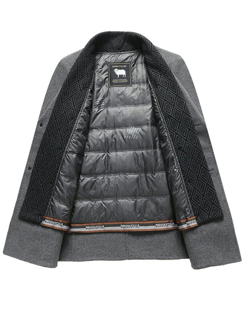 Loquat - Men's Double-Sided Woolen Casual Coat Slim Fit Suit Collar Mid Length Jacket Overcoat With Detachable Goose Down Lining Grey - Image 1