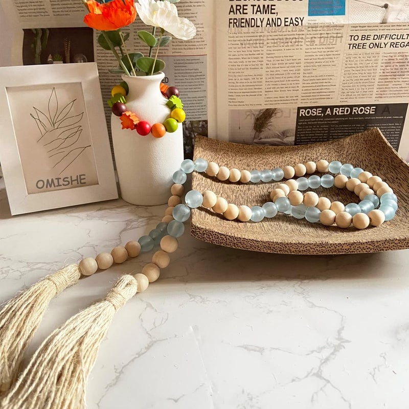 OMISHE Wood Bead Garland with Tassels 52 Inches, Handmade Wooden Beads with Round Acrylic Beads, Boho Farmhouse Wooden Decorative Beads for Home Tiered Tray Beach Decor, Light Blue - Image 5