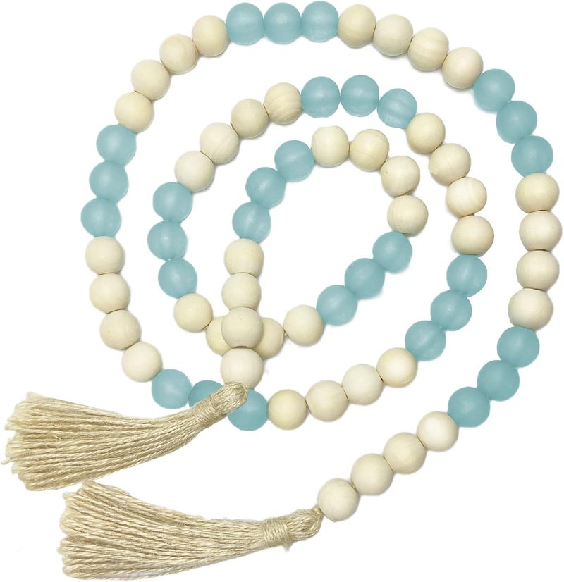 OMISHE Wood Bead Garland with Tassels 52 Inches, Handmade Wooden Beads with Round Acrylic Beads, Boho Farmhouse Wooden Decorative Beads for Home Tiered Tray Beach Decor, Light Blue - Image 1