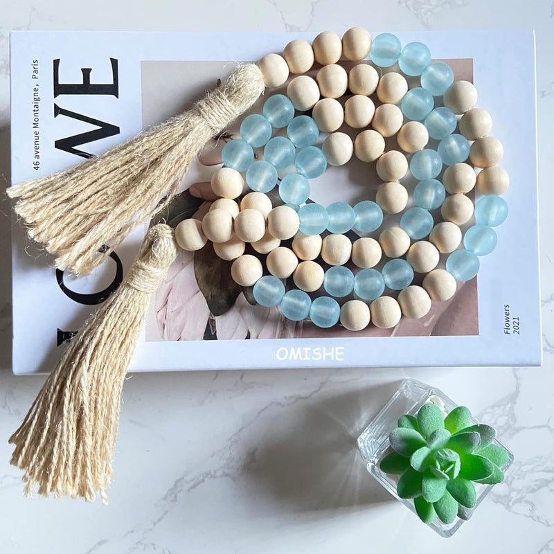 OMISHE Wood Bead Garland with Tassels 52 Inches, Handmade Wooden Beads with Round Acrylic Beads, Boho Farmhouse Wooden Decorative Beads for Home Tiered Tray Beach Decor, Light Blue - Image 4
