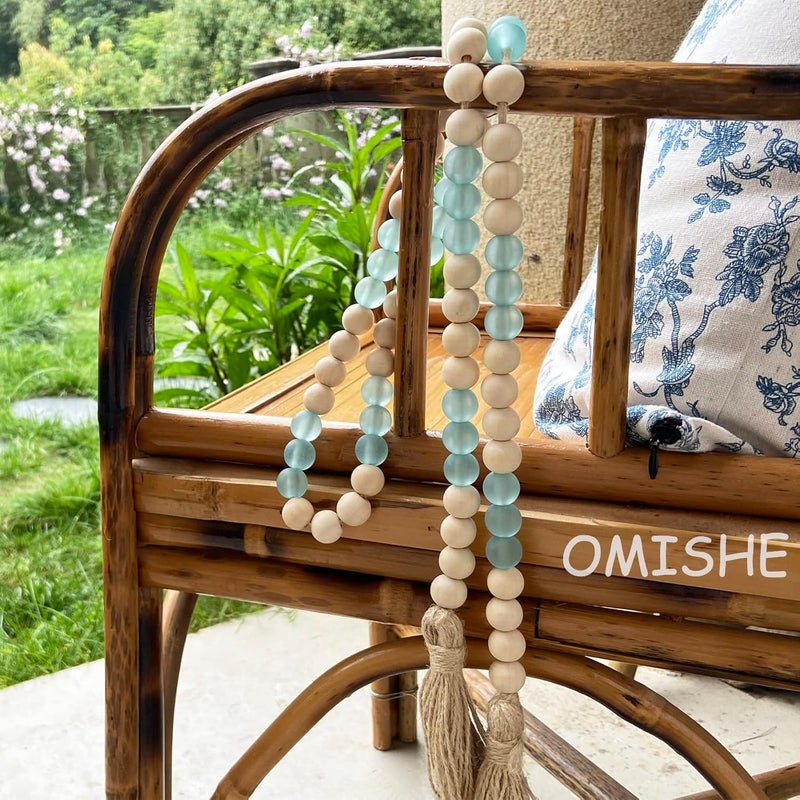 OMISHE Wood Bead Garland with Tassels 52 Inches, Handmade Wooden Beads with Round Acrylic Beads, Boho Farmhouse Wooden Decorative Beads for Home Tiered Tray Beach Decor, Light Blue - Image 2