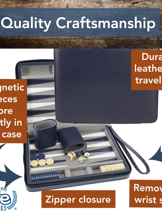 WE Games Backgammon Set, Board Games for Adults - Travel Games - Magnetic with Navy Blue Leatherette Backgammon Board and Carrying Strap - Travel Backgammon Sets for Adults - Image 3