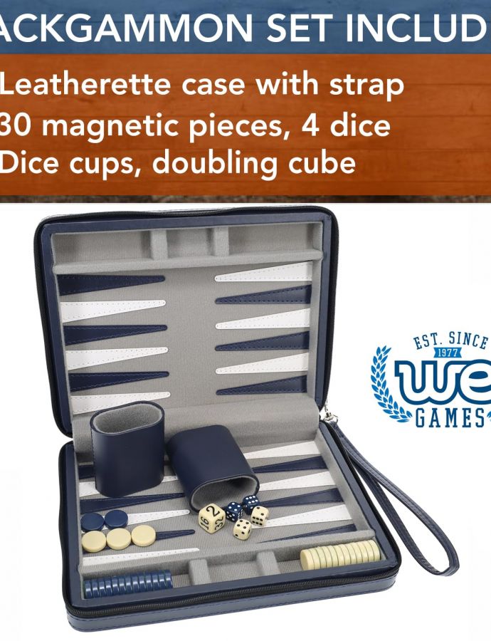 WE Games Backgammon Set, Board Games for Adults - Travel Games - Magnetic with Navy Blue Leatherette Backgammon Board and Carrying Strap - Travel Backgammon Sets for Adults - Image 5