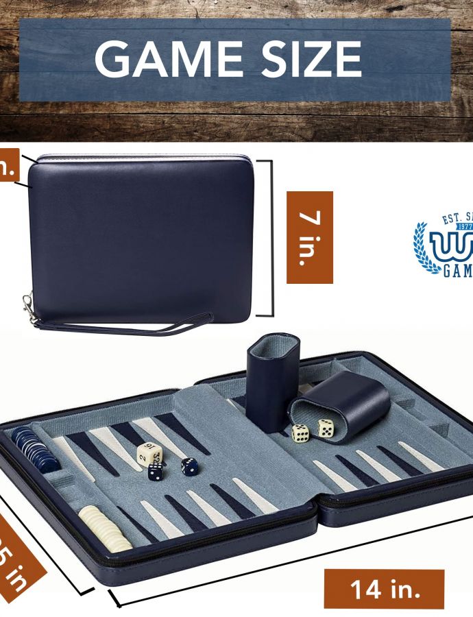 WE Games Backgammon Set, Board Games for Adults - Travel Games - Magnetic with Navy Blue Leatherette Backgammon Board and Carrying Strap - Travel Backgammon Sets for Adults - Image 4